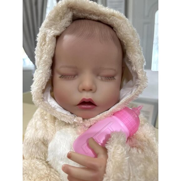 🆕17 Inch Realistic Full Body Soft Vinyl Silicone Girl Doll in Bear Outfit - Picture 3 of 13